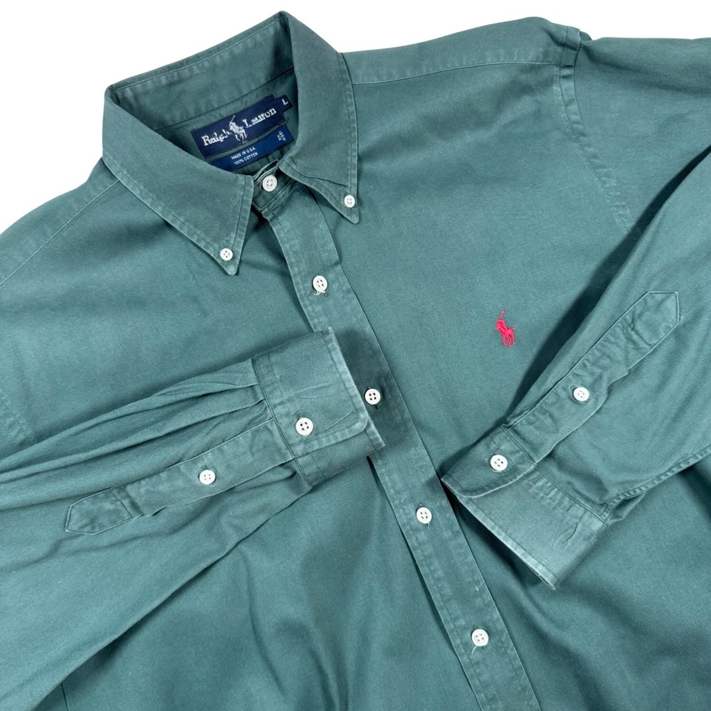 VTG Ralph Lauren Button Shirt Men L Green USA Cotton Long Sleeve Twill Pony Logo